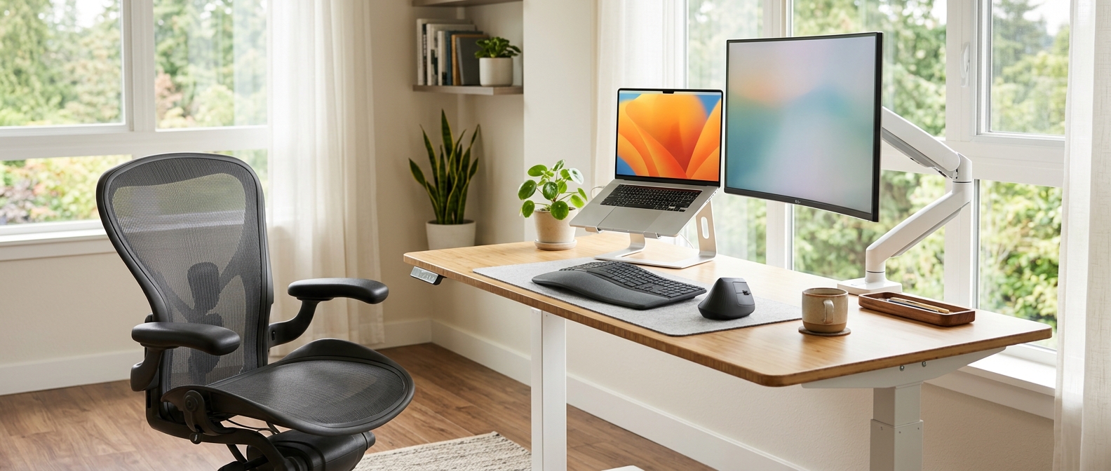 Ergonomic home office with a standing desk, monitor arm and laptop stand