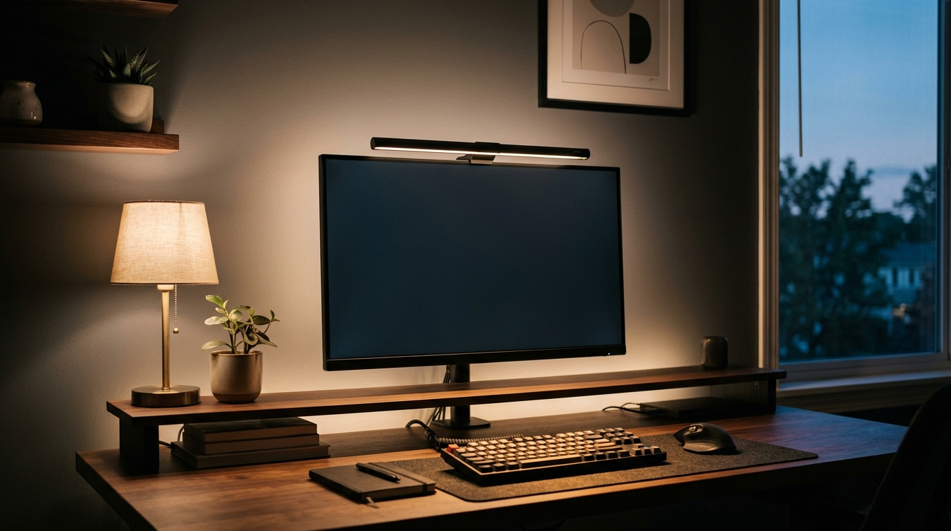 Home office desk at dusk with a monitor light bar and a warm desk lamp lighting the workspace