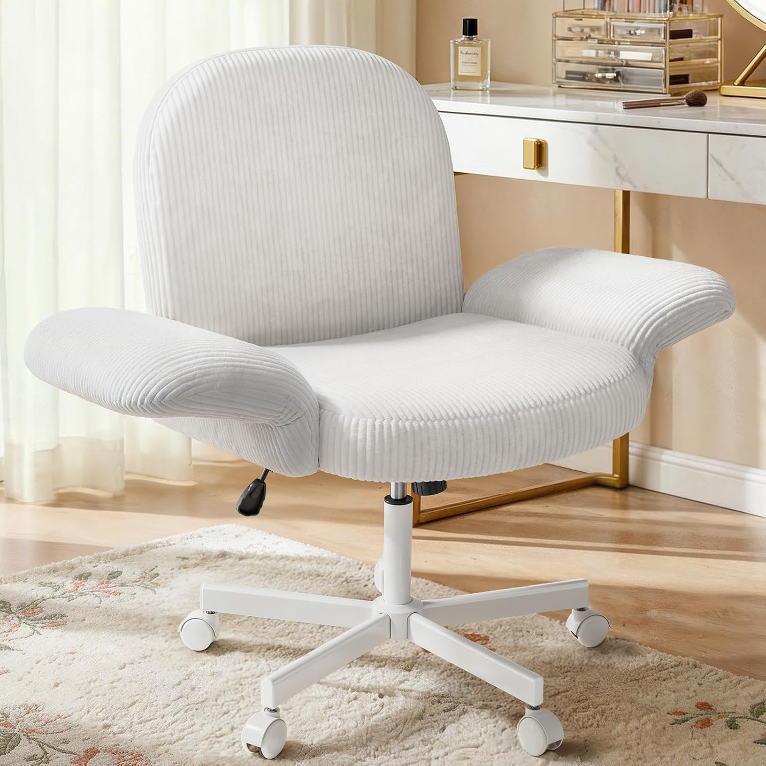 HUANUO white corduroy criss cross office chair with padded armrests in a bright bedroom corner