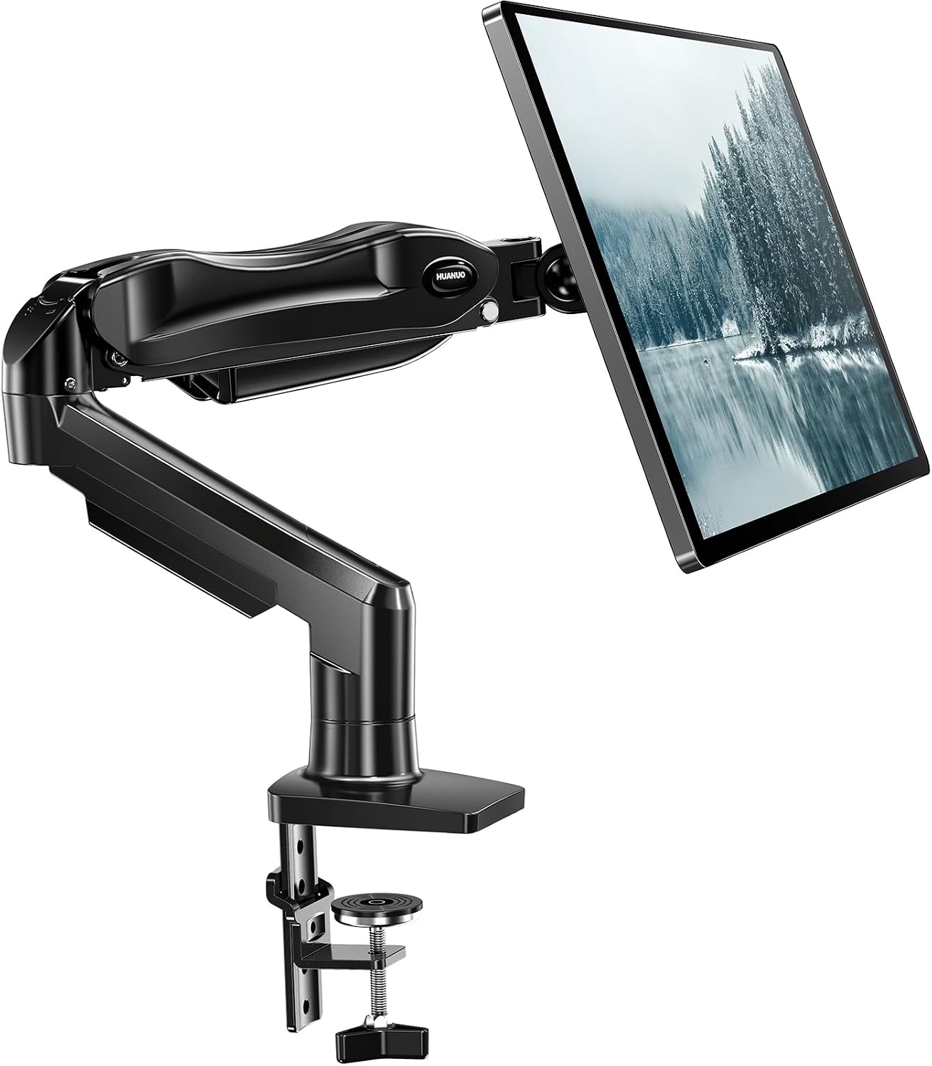 HUANUO FlowLift single monitor arm holding a monitor above a desk, product photo