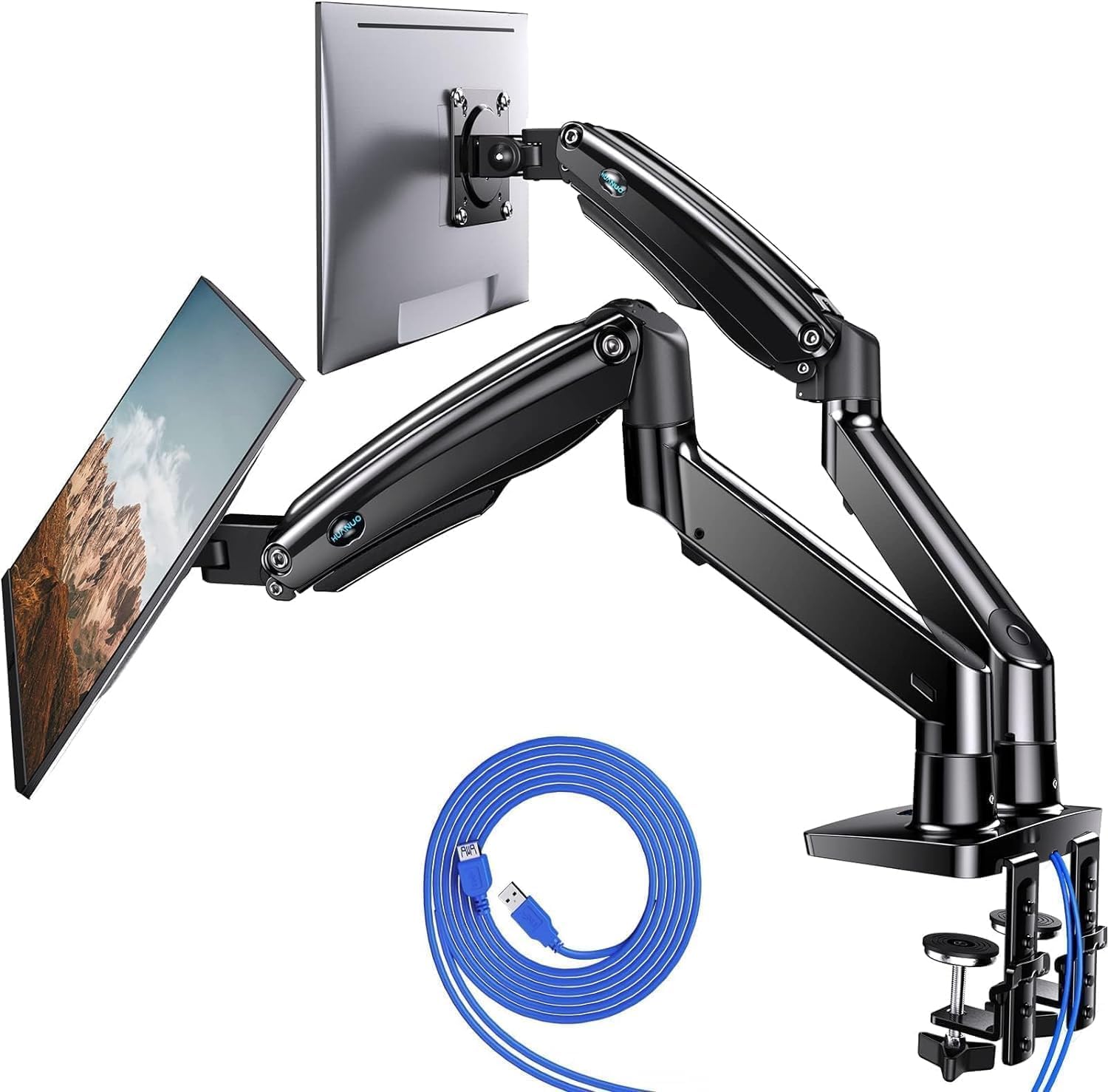 HUANUO HNDS7 dual monitor mount with USB hub holding two monitors