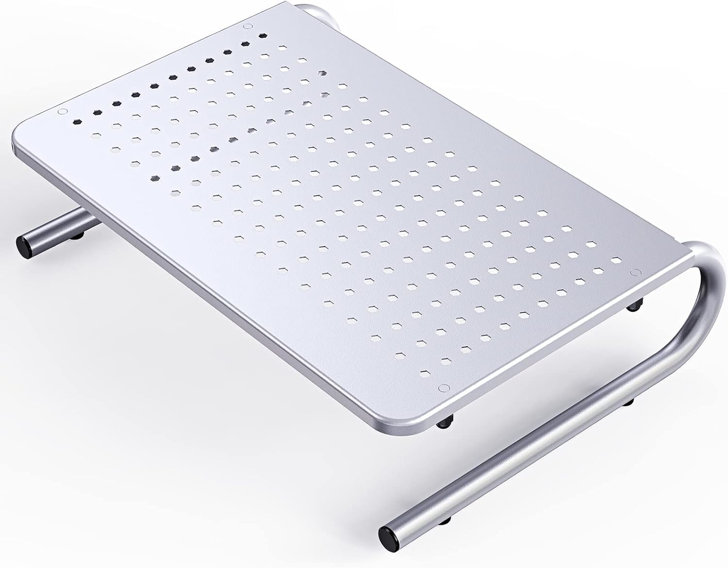 HUANUO silver steel monitor riser with vented shelf under a monitor on a desk