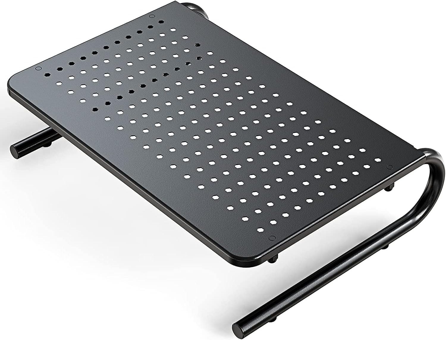 HUANUO black steel monitor riser with a vented shelf lifting a monitor above clear desk space