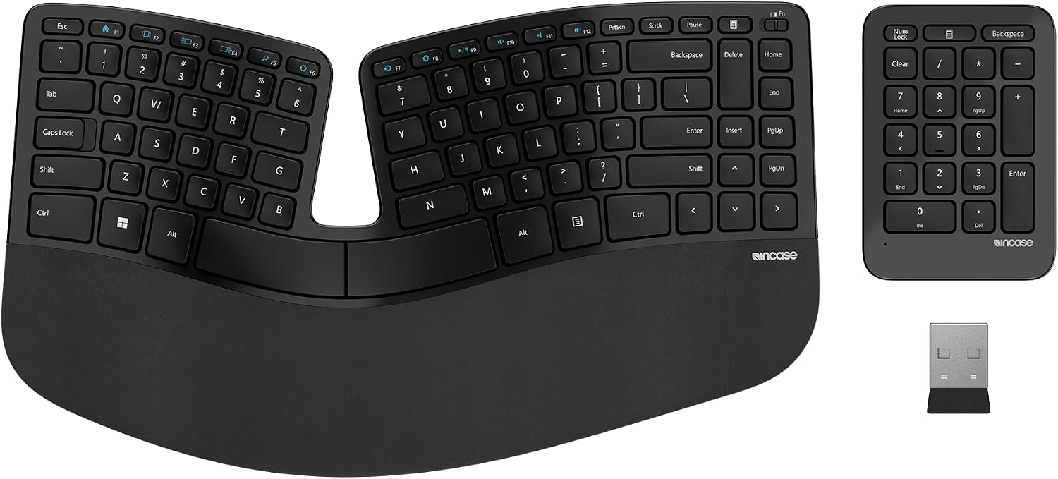 Incase Sculpt ergonomic keyboard with domed split layout, cushioned palm rest and separate number pad