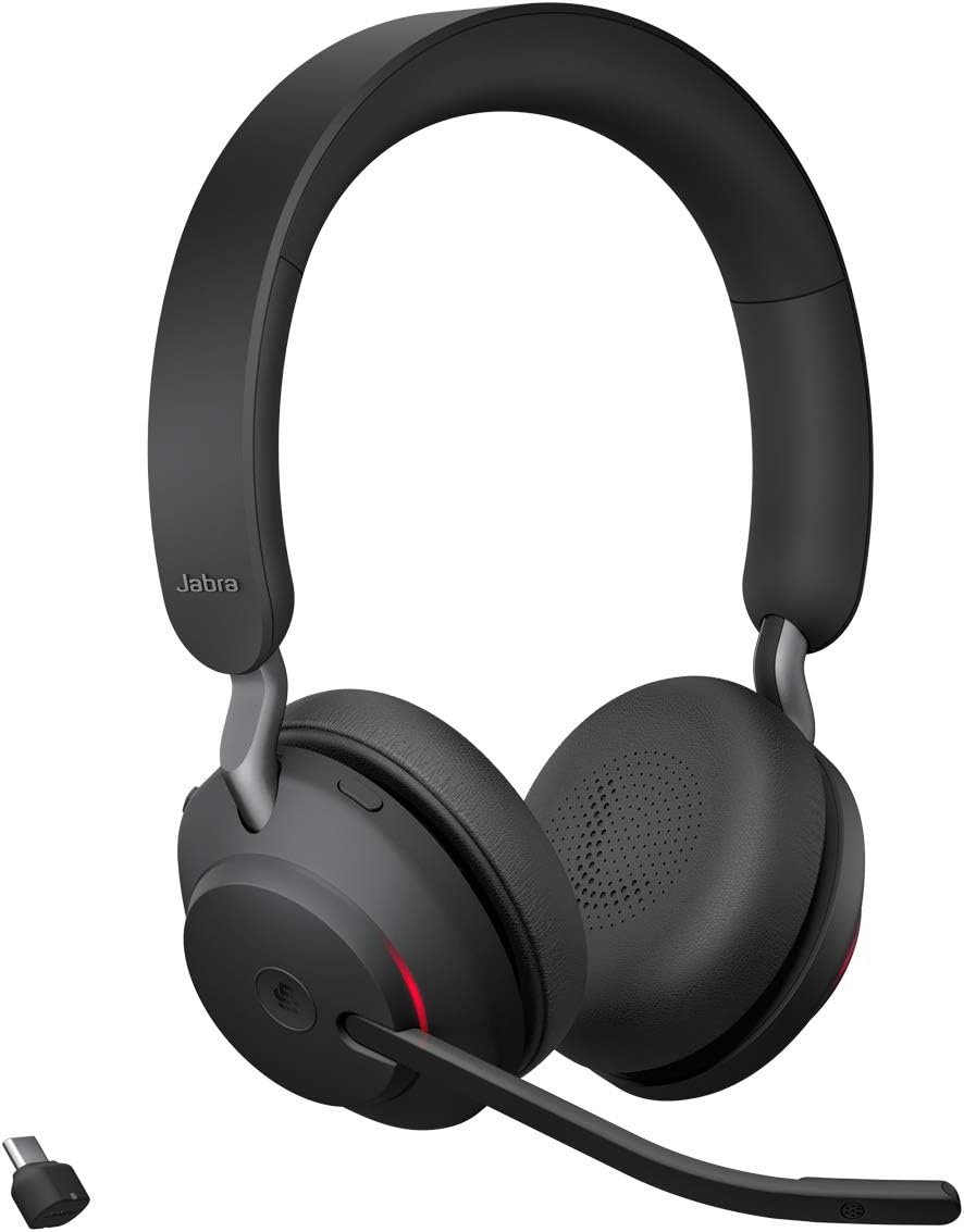 Jabra Evolve2 65 wireless headset with boom microphone and USB adapter