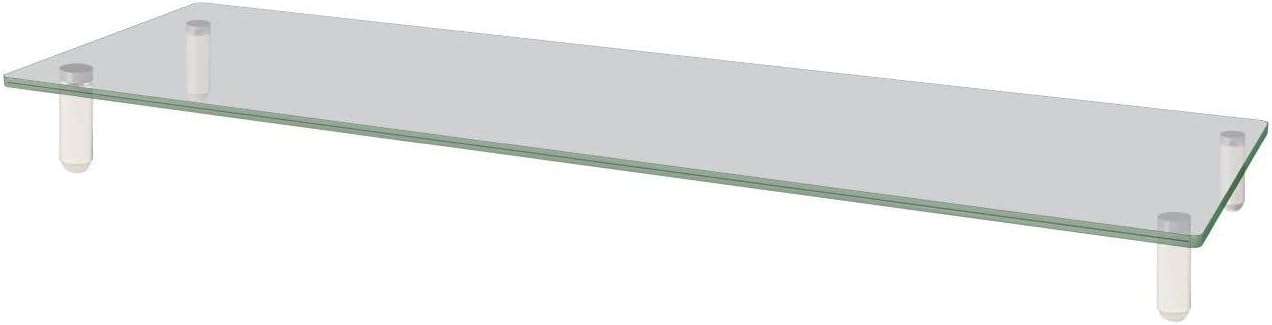 Kantek wide clear glass monitor riser under two monitors on a desk