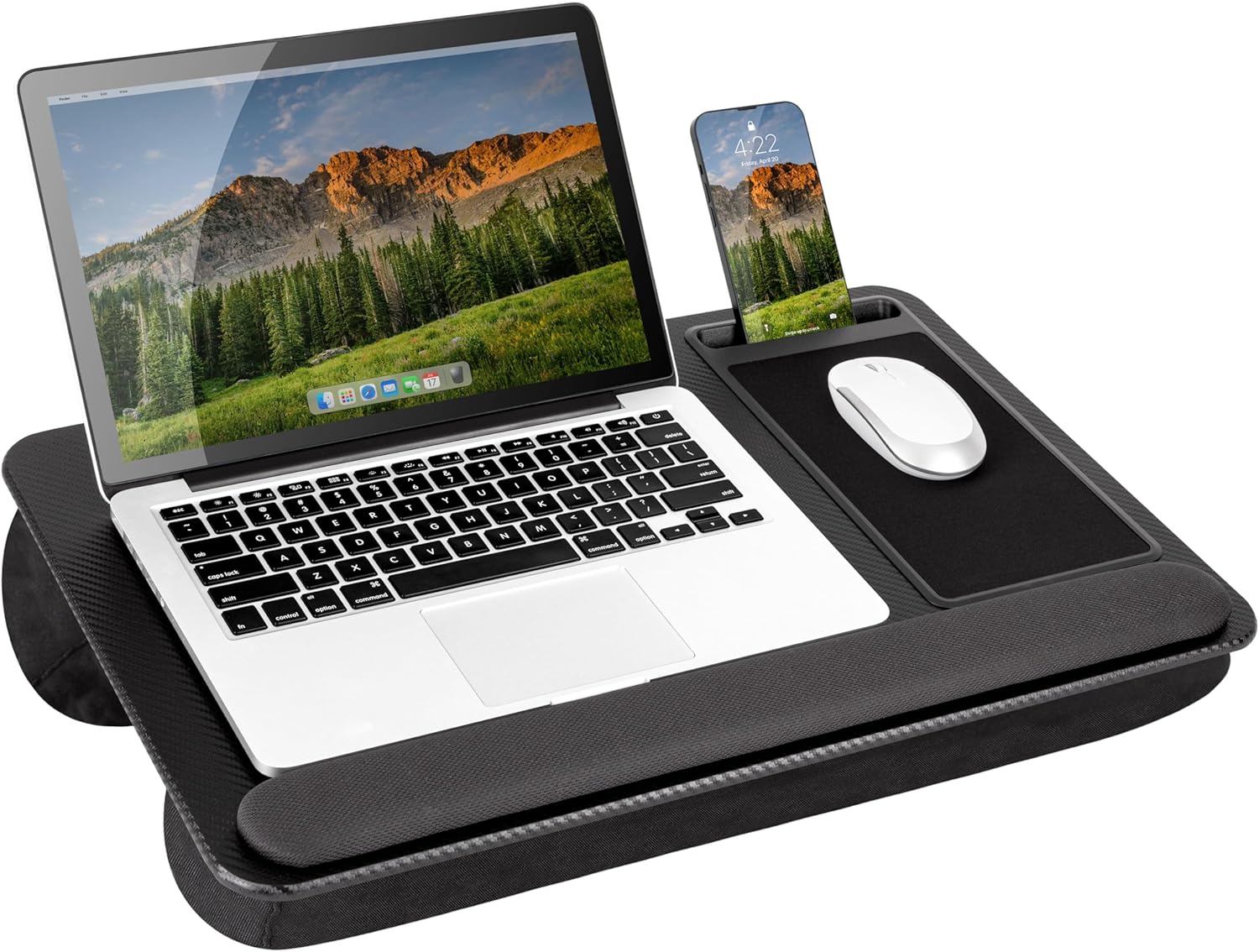 LAPGEAR Home Office Pro black carbon lap desk holding a laptop, mouse and phone on its cushioned base
