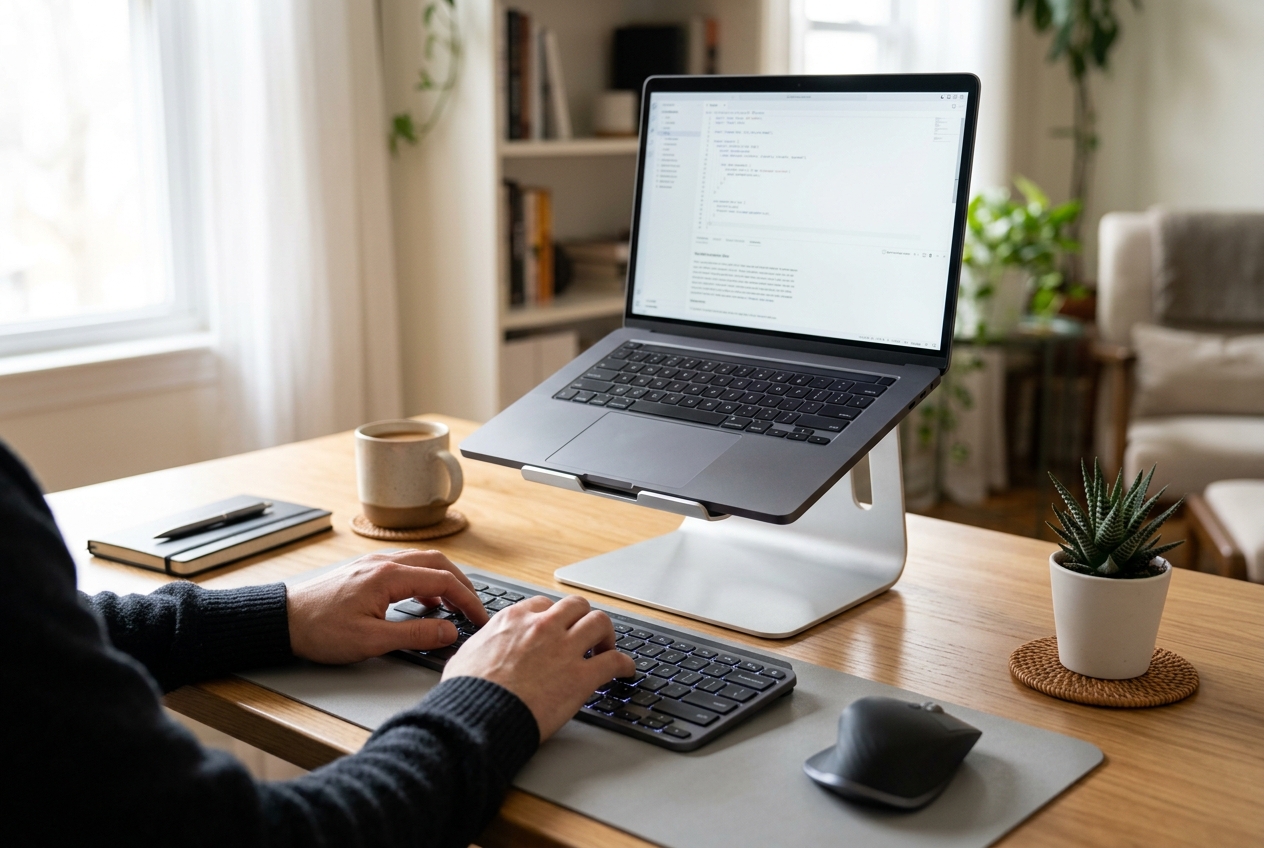 Laptop raised on a stand with a separate ergonomic wireless keyboard and mouse on a home office desk