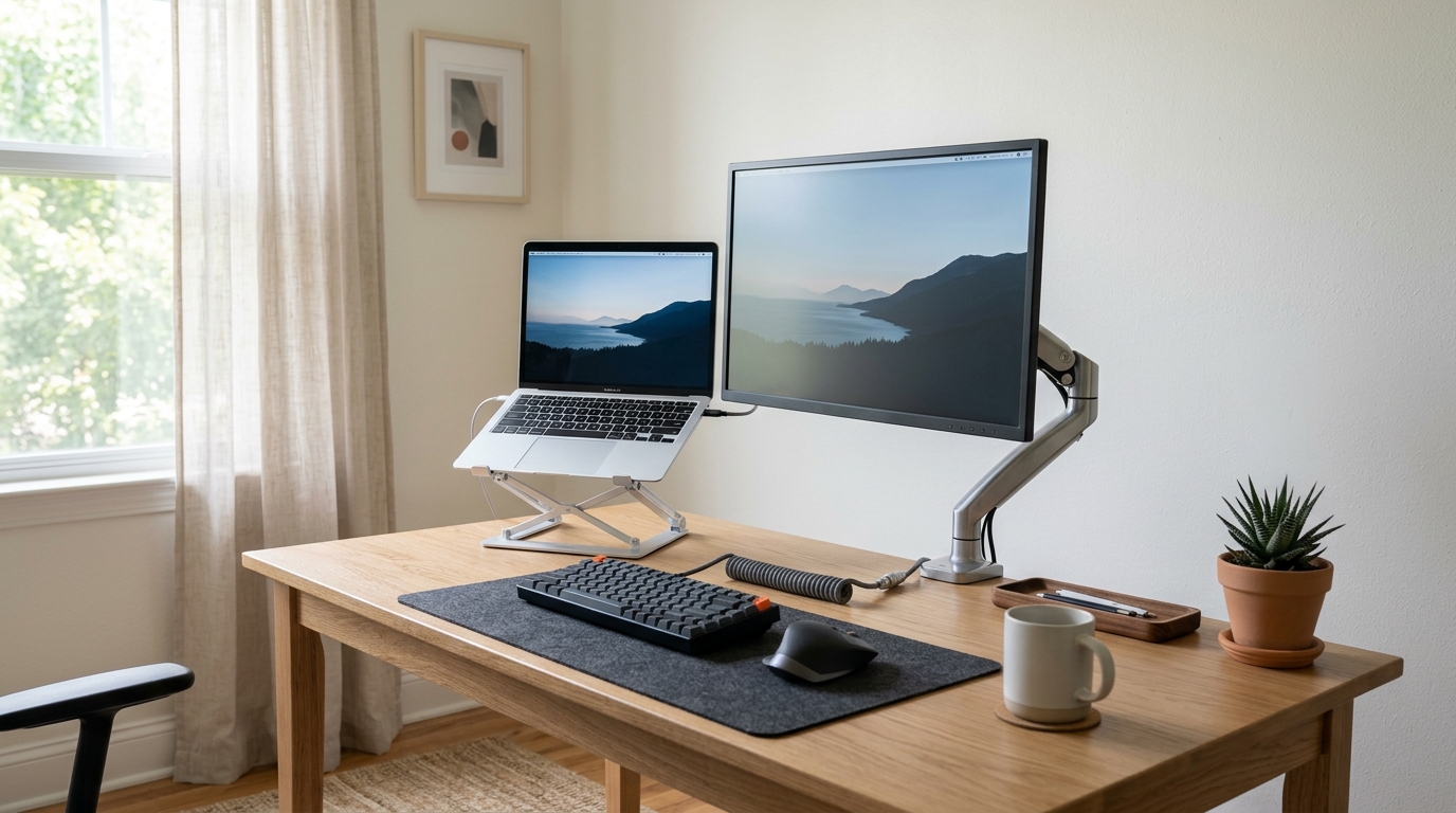 Laptop on an aluminum stand beside an external monitor at a home office desk