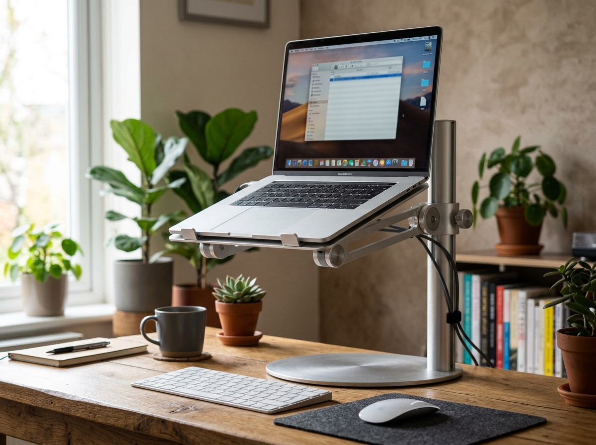 Extra-tall aluminum laptop riser holding a laptop high above a desk with keyboard below