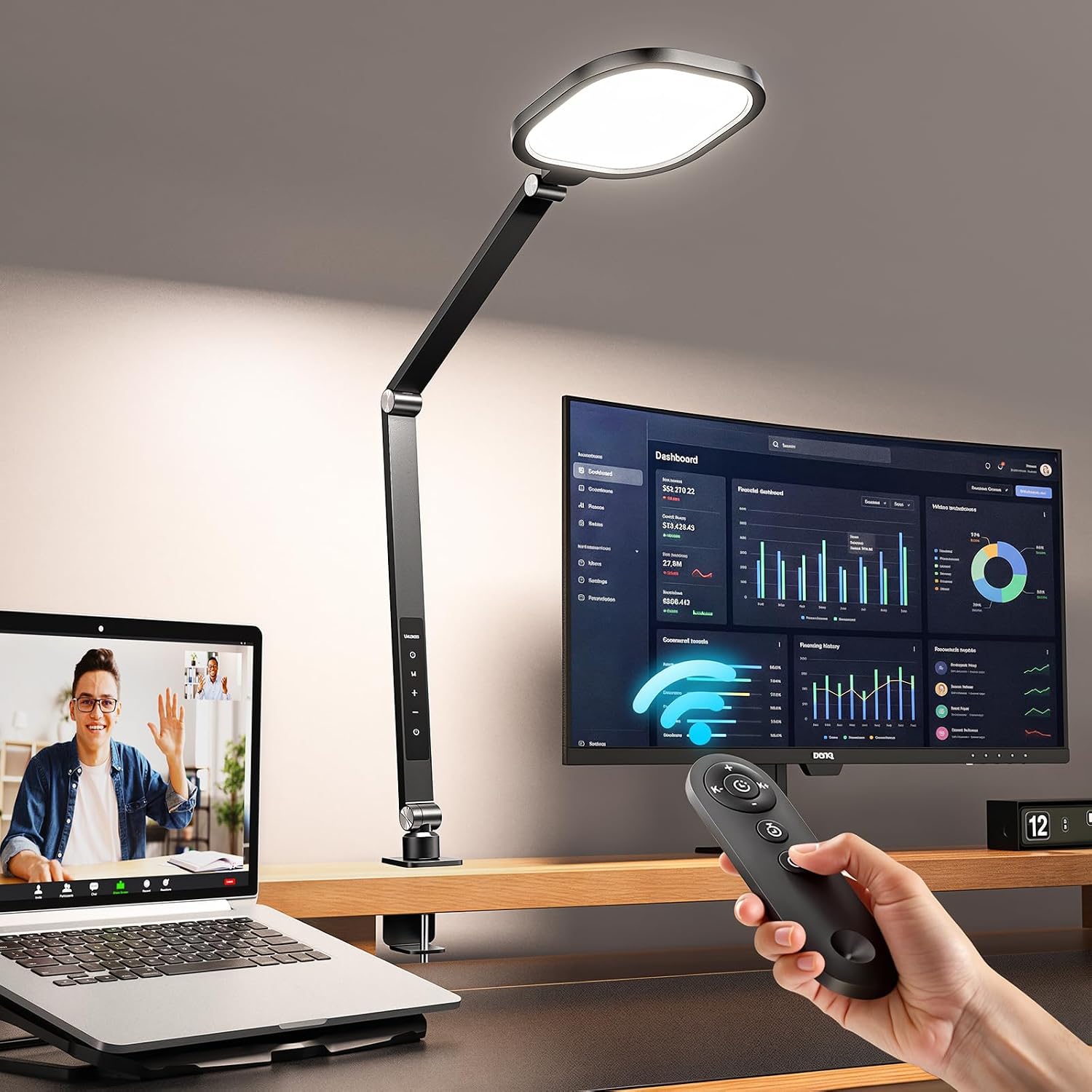 LitONES LED desk lamp with metal swing arm and clamp base on a desk