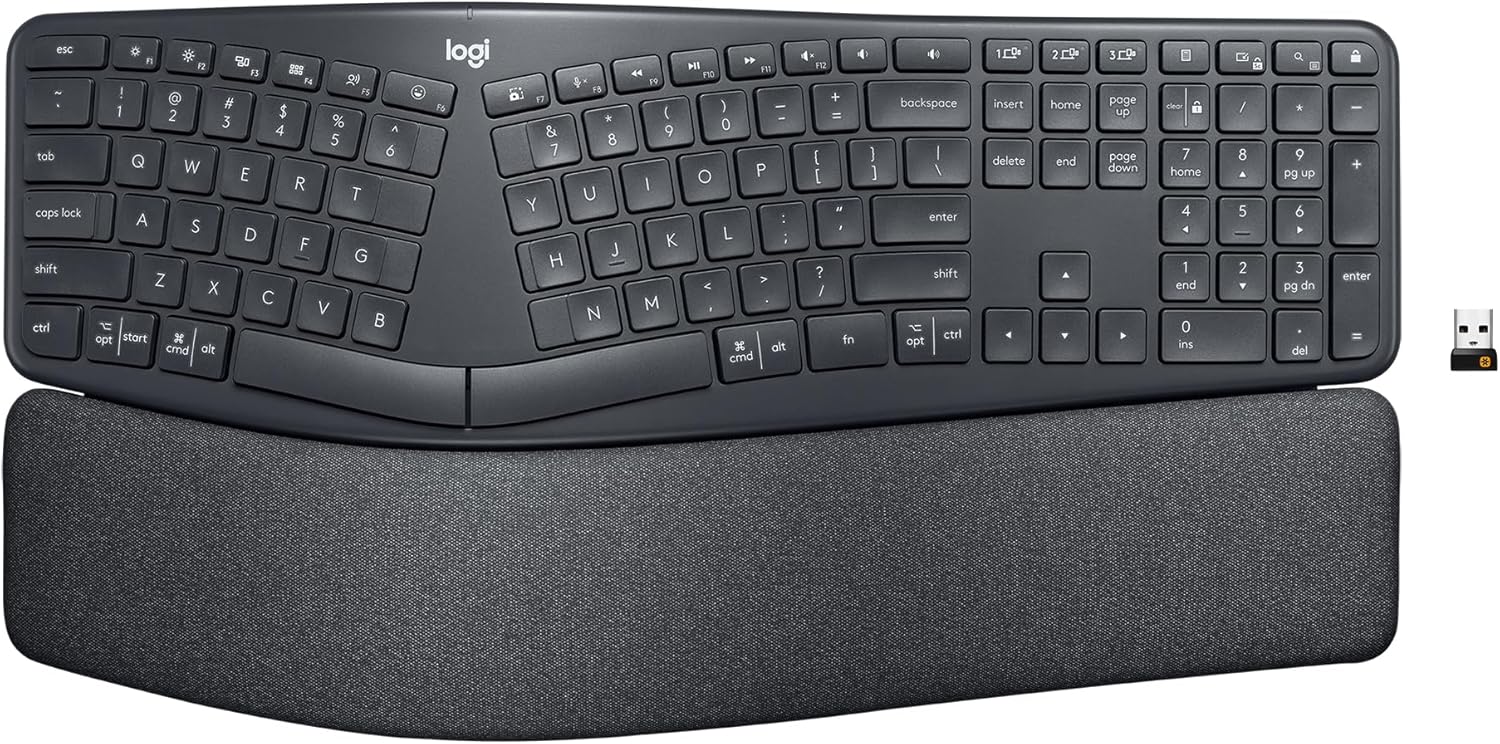 Logitech Ergo K860 wireless curved split ergonomic keyboard with pillowed wrist rest