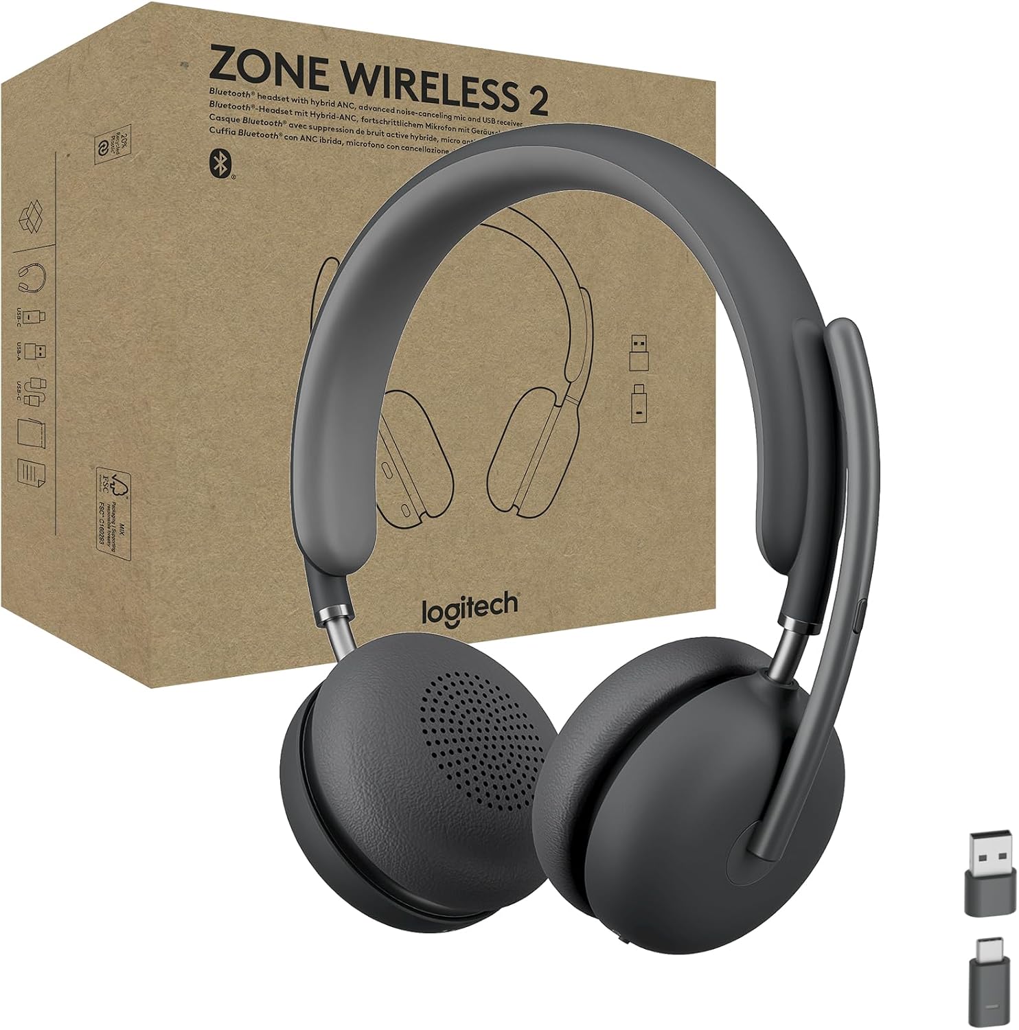 Logitech Zone Wireless 2 business headset in graphite with USB receiver