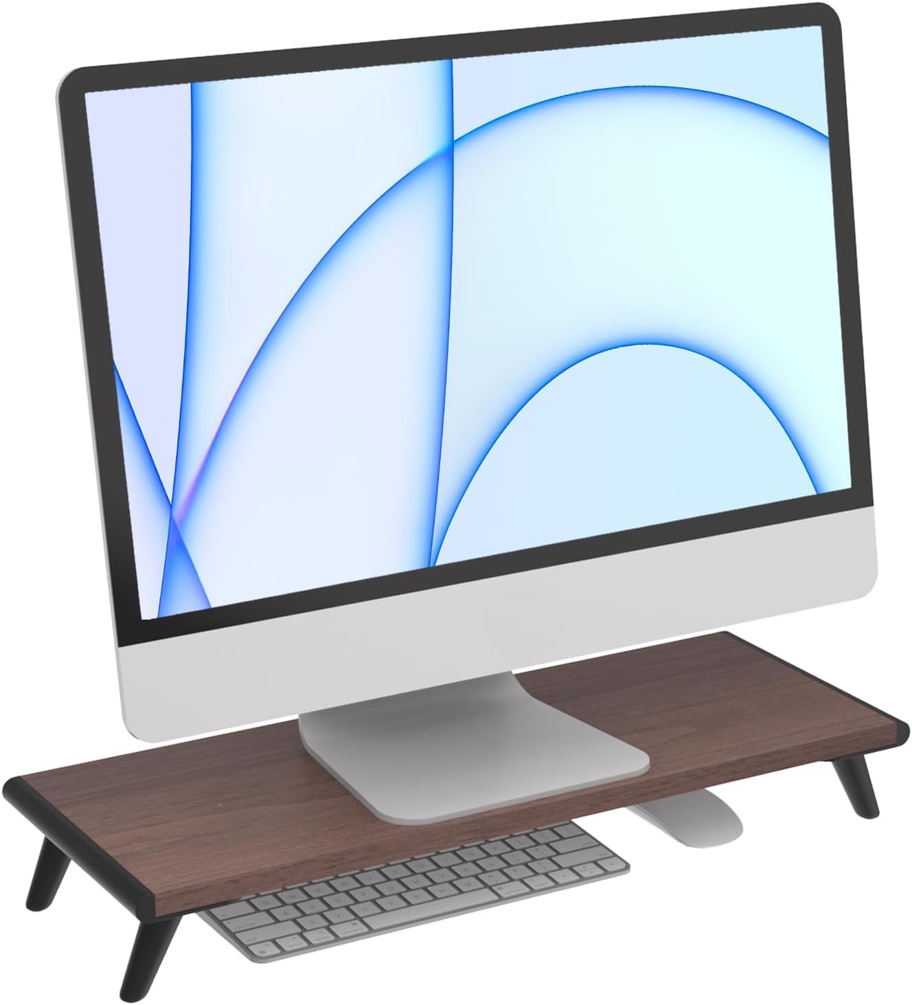 loukin brown wood monitor riser holding a monitor with a keyboard stored underneath