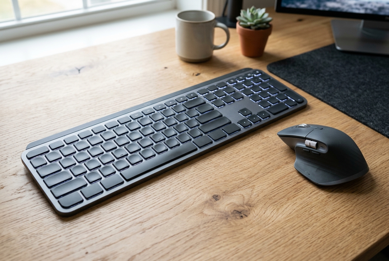 Low-profile backlit wireless keyboard paired with a sculpted ergonomic mouse