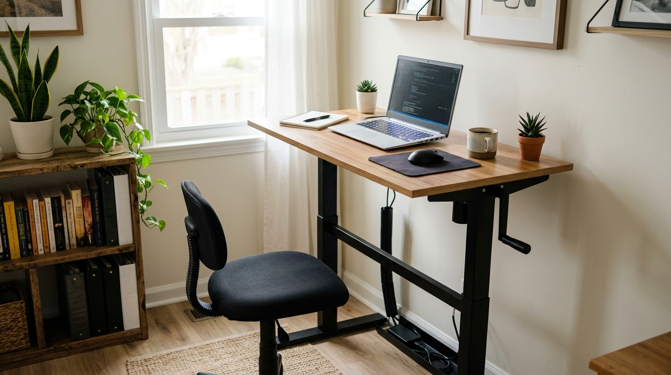 Manual crank standing desk in a compact home office