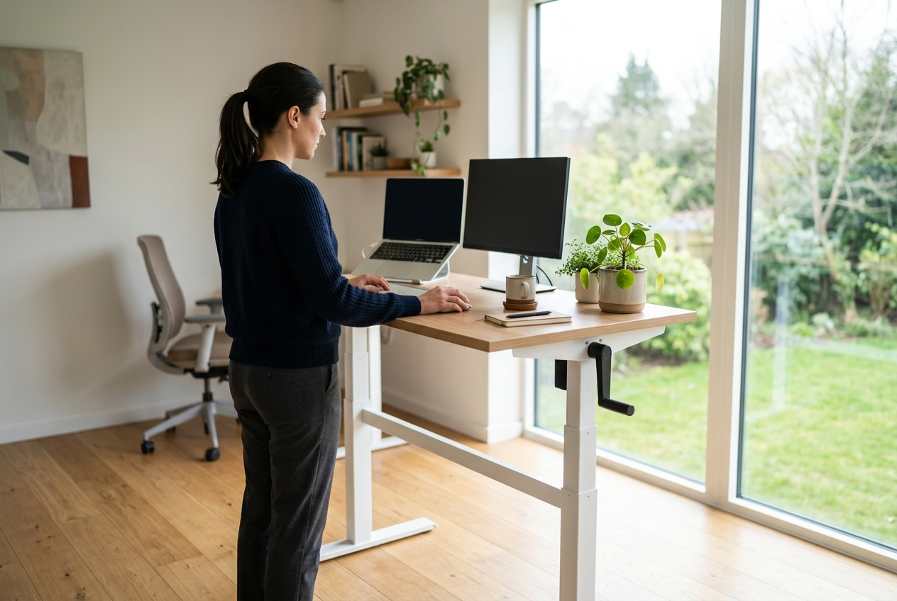 Woman standing at a wooden manual crank standing desk in a bright home office