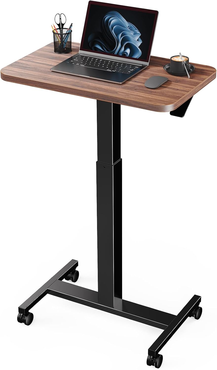 Marsail walnut rolling mobile standing desk with lockable casters, product photo