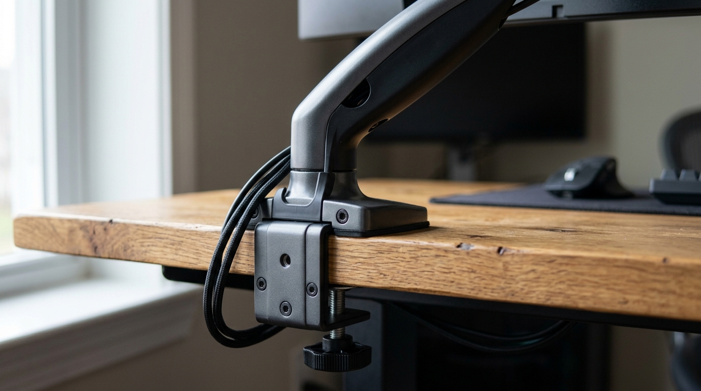 Close-up of a monitor arm C-clamp on a wooden desk edge