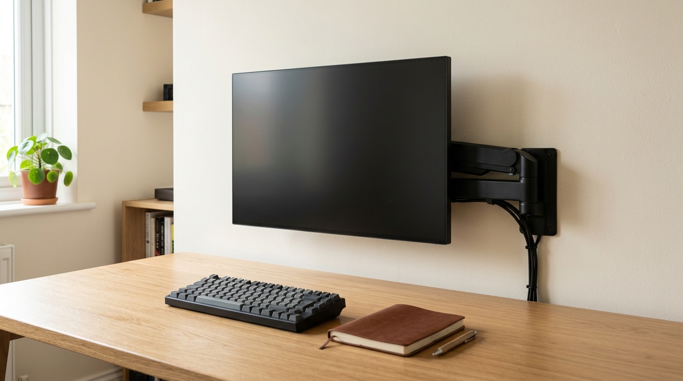 Monitor arm folded back against the wall to free up desk space