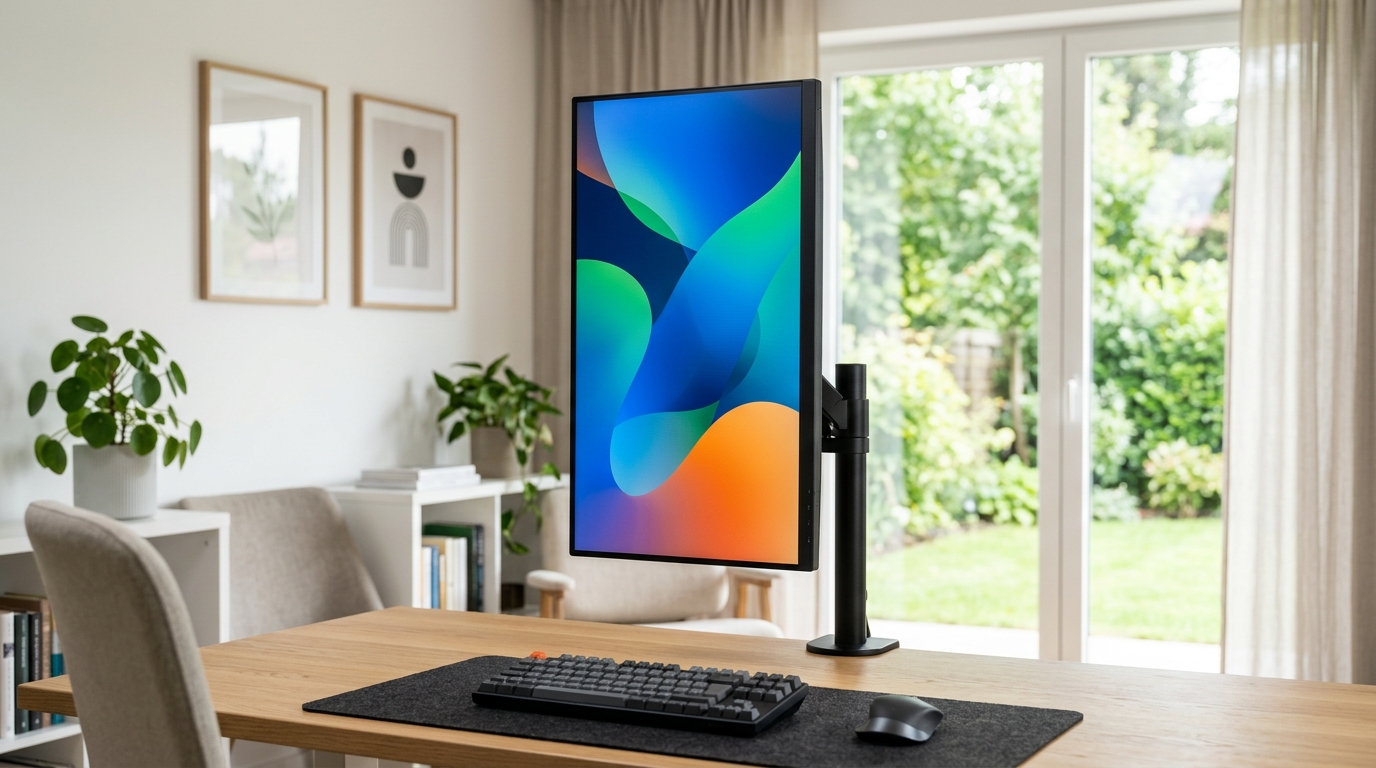 27-inch monitor in portrait orientation on a monitor arm