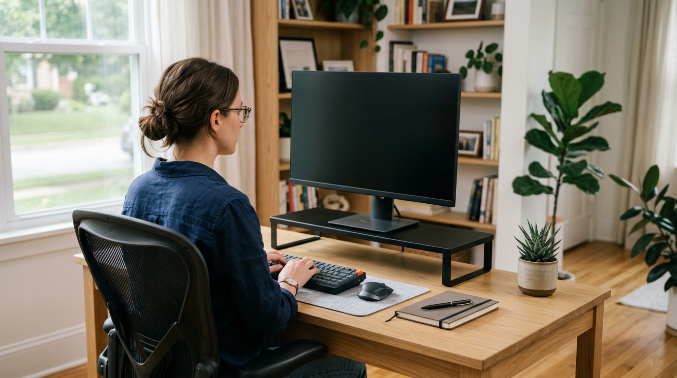 Home office desk with a monitor raised on a riser so the top of the screen sits at seated eye level