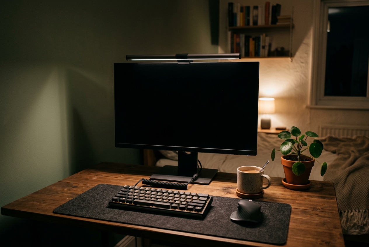 Monitor light bar illuminating a home office desk at night while the monitor screen stays dark