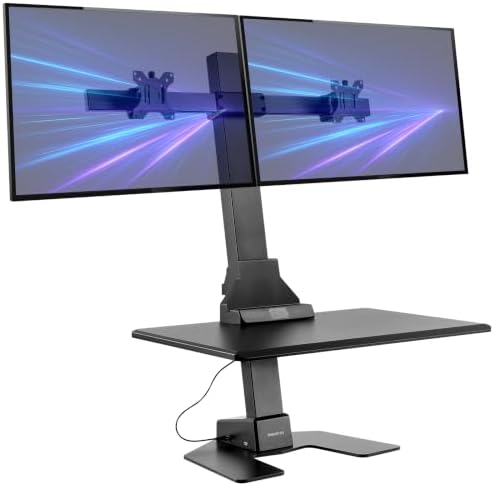 Mount-It! electric standing desk converter with two monitors on arms