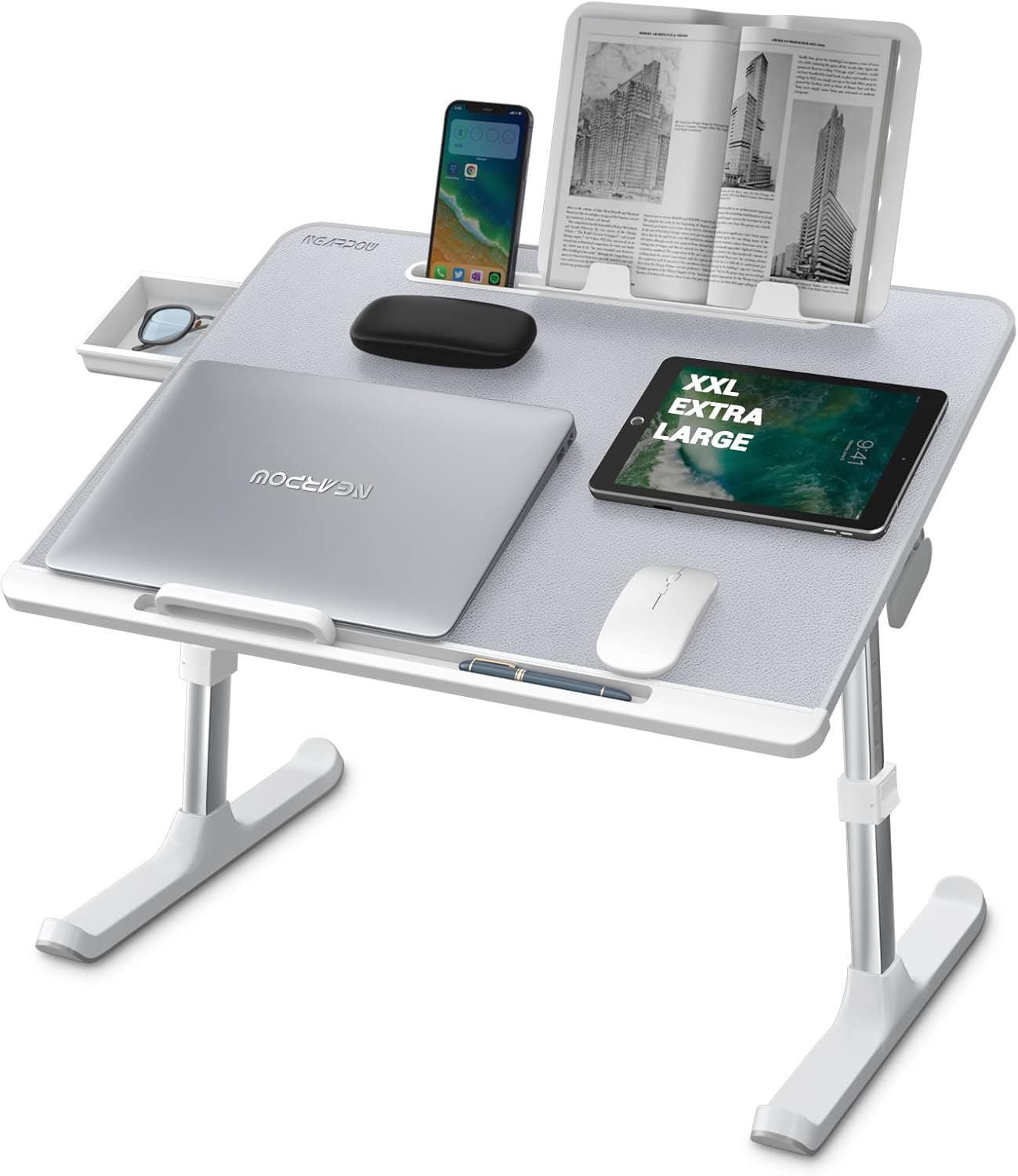 NEARPOW XXL white adjustable bed table tray holding a laptop, tablet, book and phone