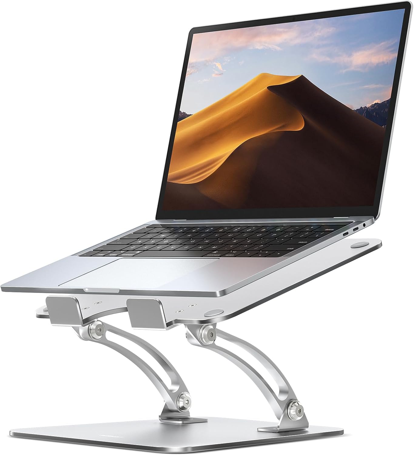 Aluminum dual-foldable laptop stand riser holding a laptop, product photo