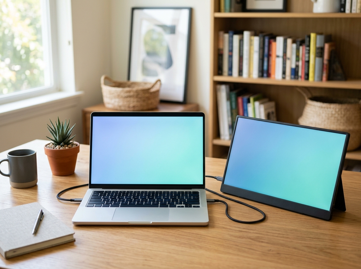 Portable 15.6 inch monitor connected to a laptop via USB-C as a second screen