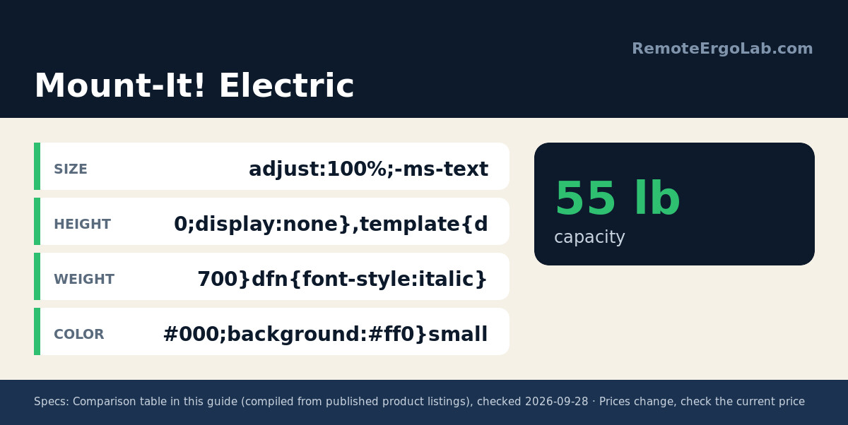 Spec card for Mount-It! Electric: Size adjust:100%;-ms-text; Height 0;display:none},template{d; Weight 700}dfn{font-style:italic}; Color #000;background:#ff0}small.