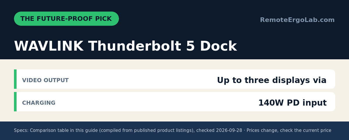 Spec card for WAVLINK Thunderbolt 5 Dock: Video Output Up to three displays via; Charging 140W PD input.