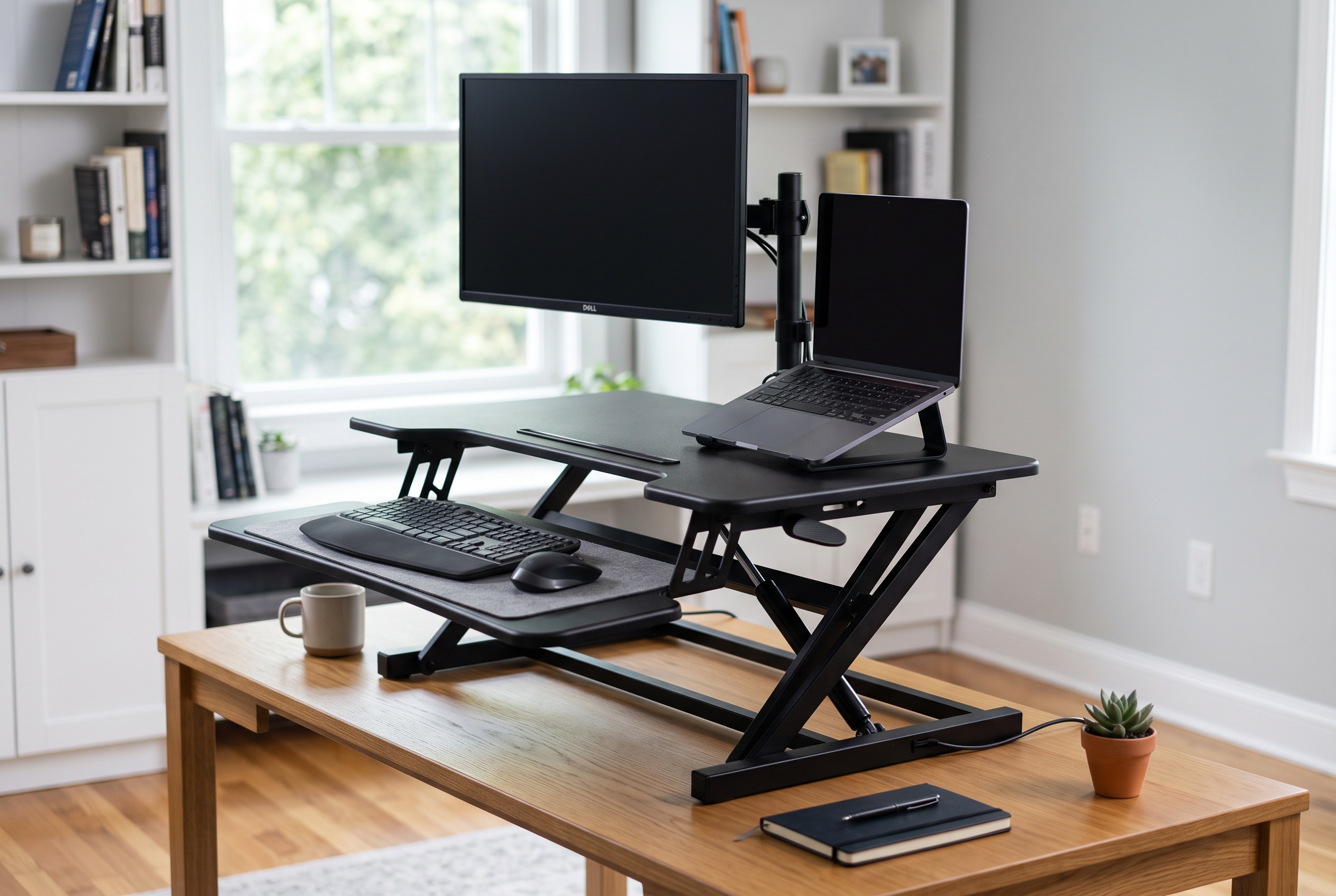 Spring-assisted standing desk converter holding a monitor at standing height