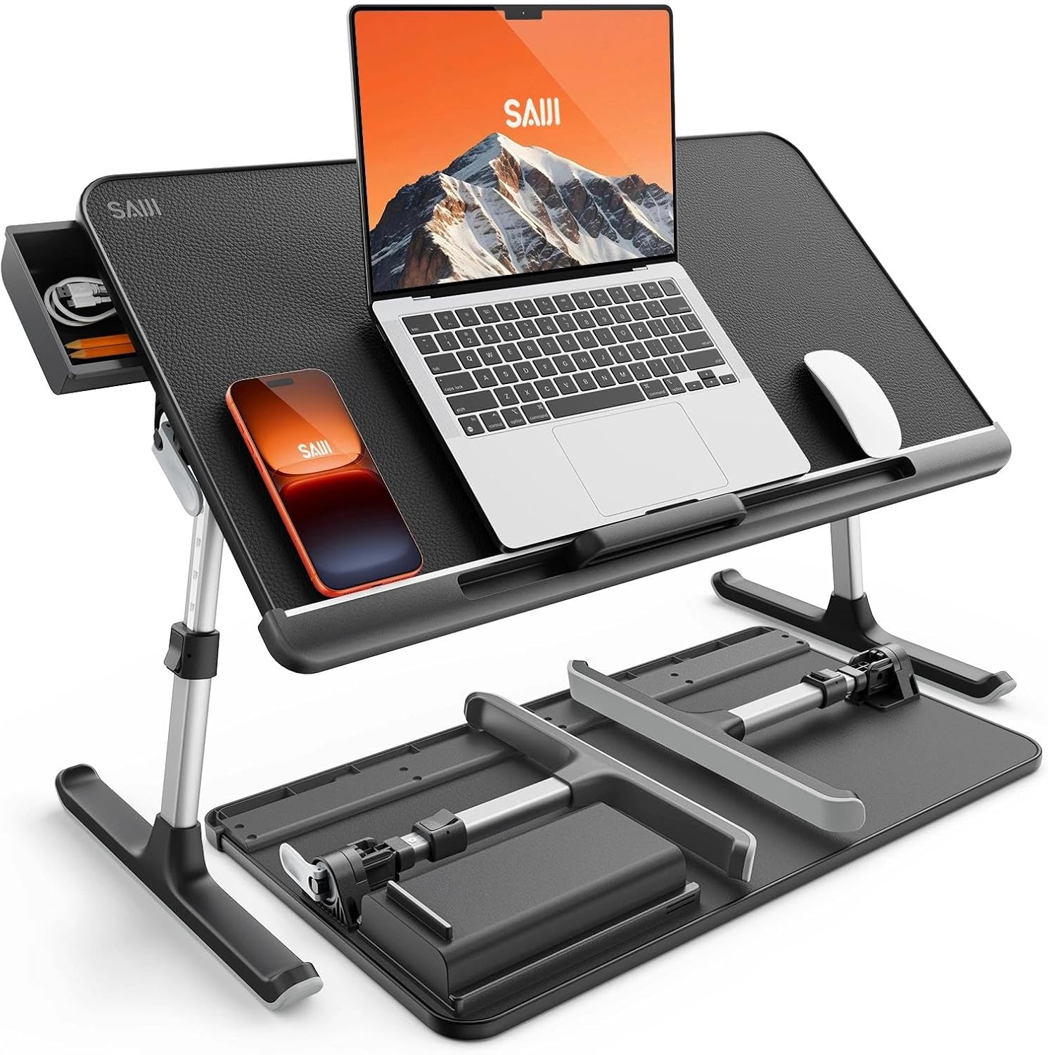 SAIJI black adjustable laptop bed tray table with a laptop, phone and storage drawer