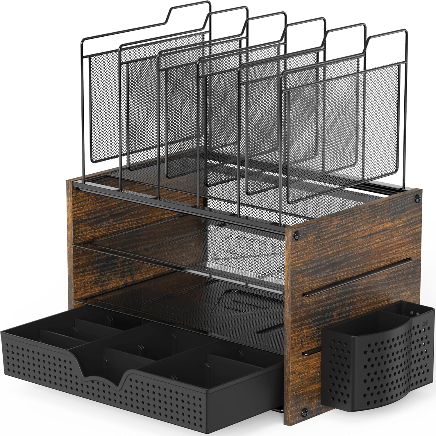 Simple Houseware rustic brown mesh tiered desk organizer with file sections and drawer