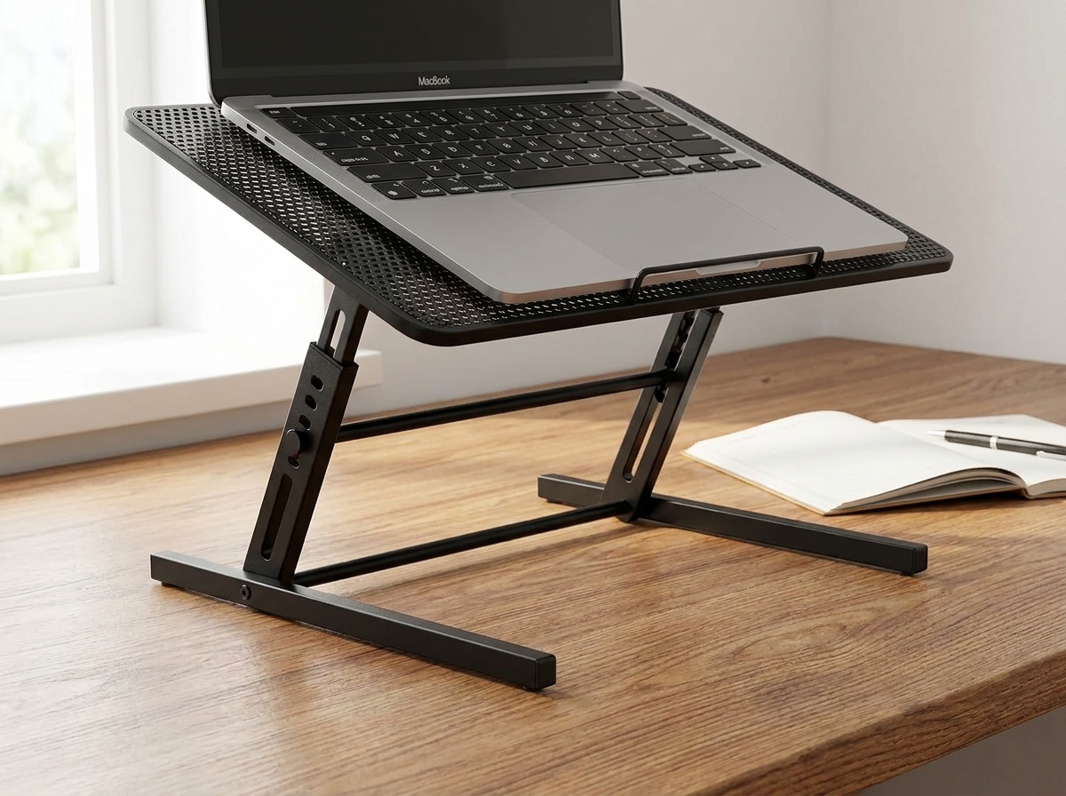 Black mesh laptop stand riser with height adjustment slots holding a laptop on a desk