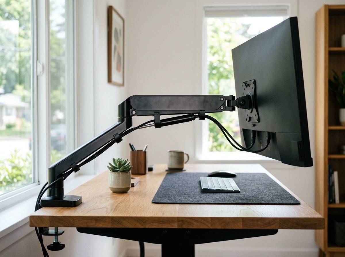 Single monitor arm clamped to a desk holding one monitor