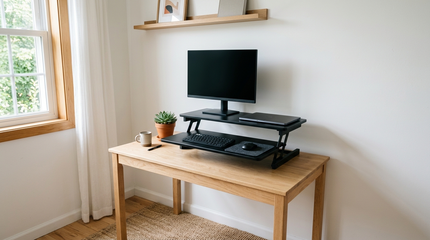 Sit-stand desk converter raised to standing height on a compact home office desk