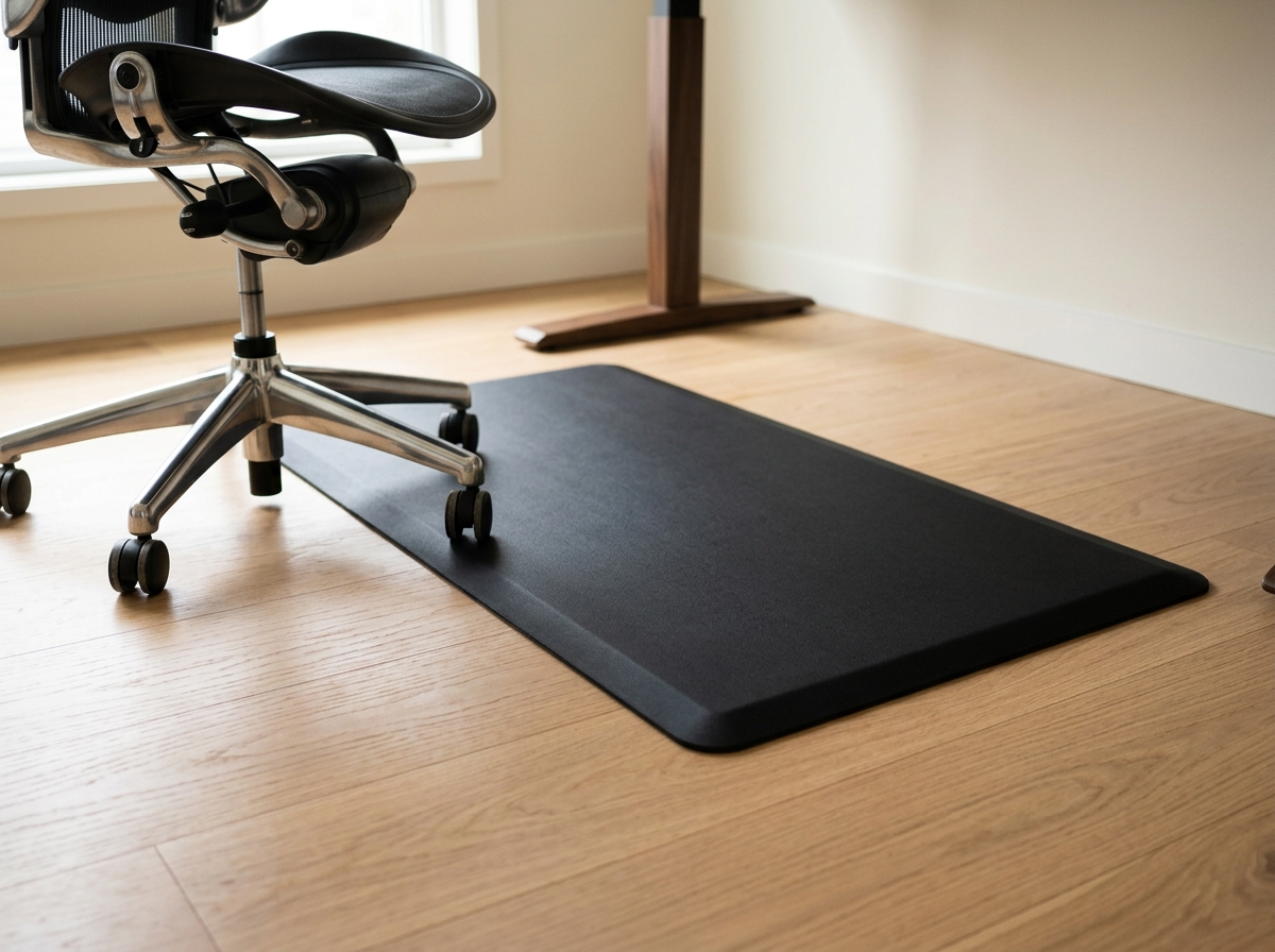 Black rectangular memory foam anti-fatigue mat lying on a light wood floor beside an office desk chair