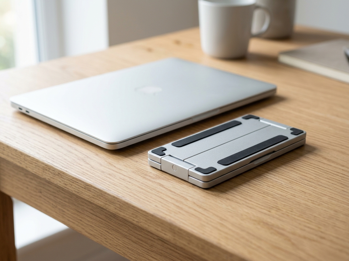 Ultra-compact foldable aluminum laptop stand folded flat next to a laptop on a desk