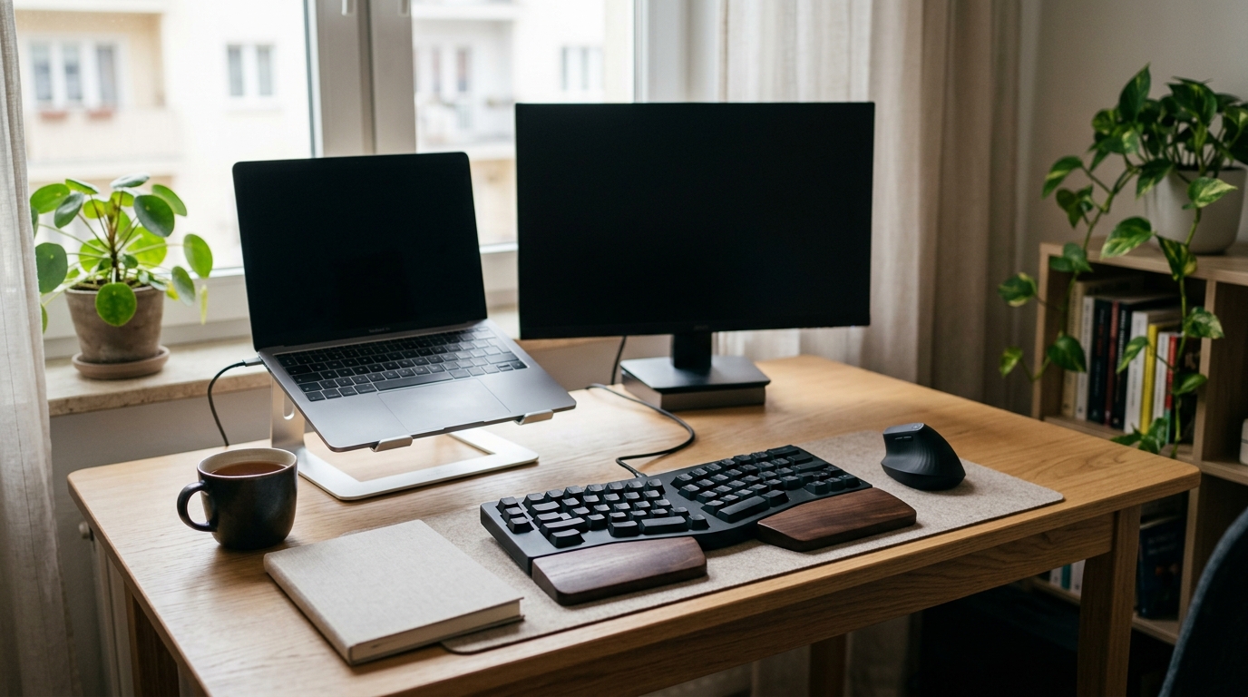 Ergonomic split keyboard with a curved two-piece layout on a compact wood desk in a small home office
