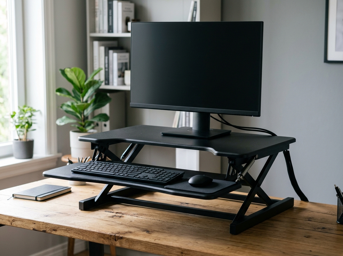 Two-tier standing desk converter with monitor and keyboard on a wooden desk
