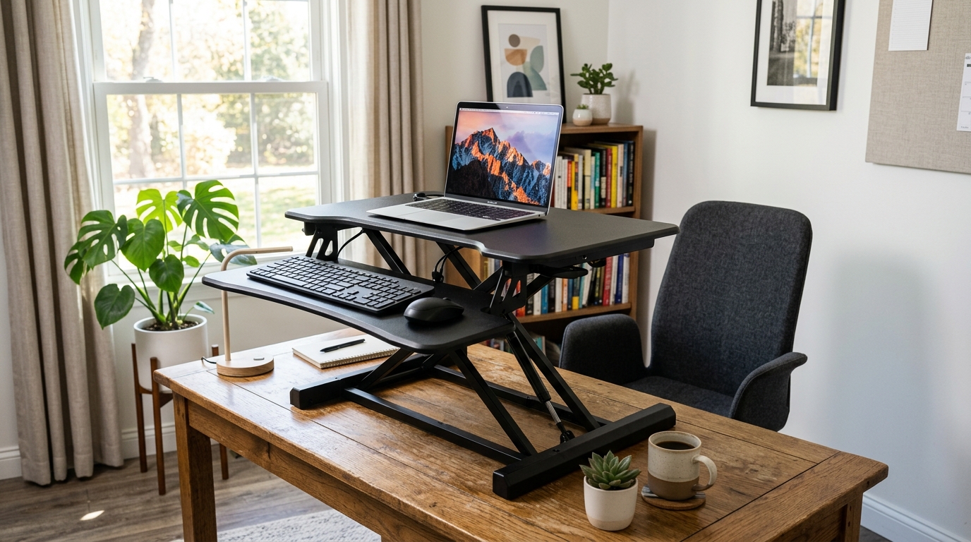 Standing desk converter riser on a desk