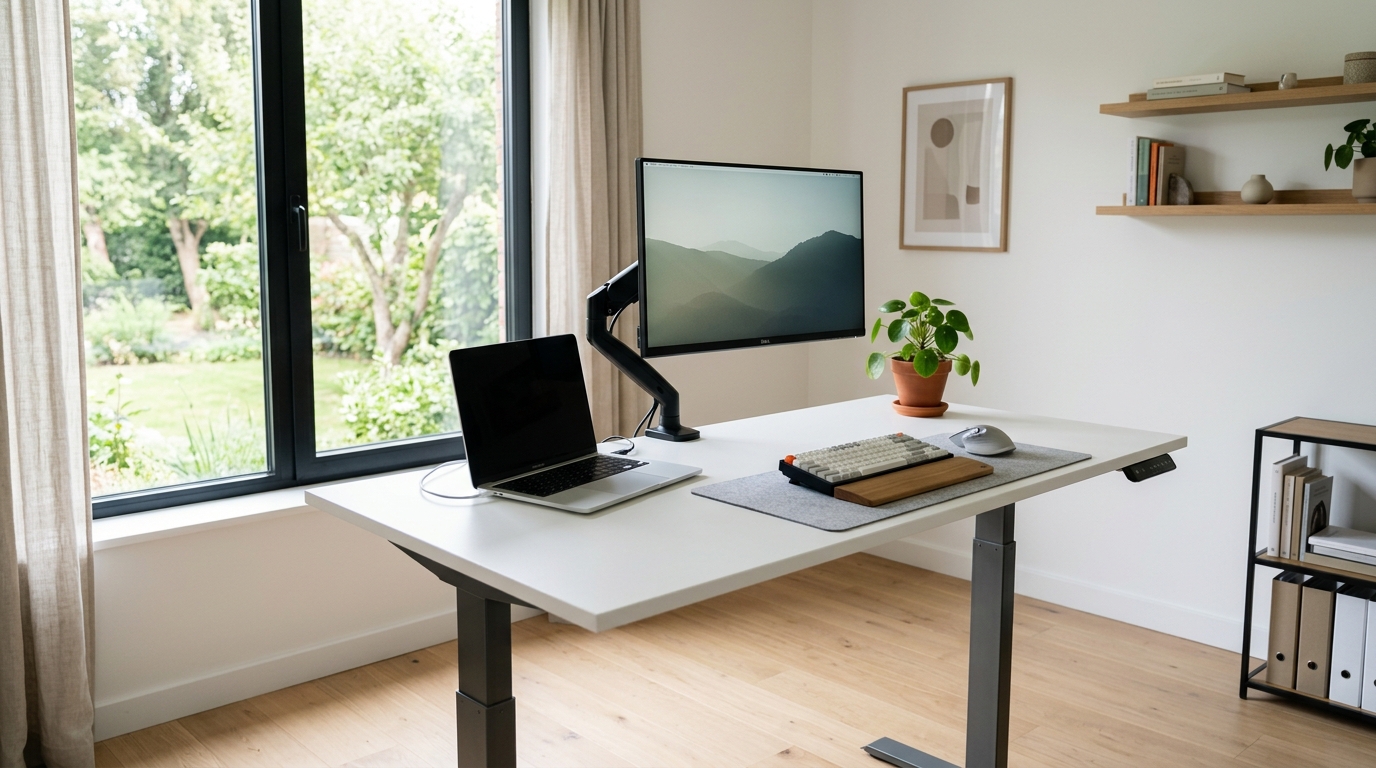 Height-adjustable standing desk in a bright home office