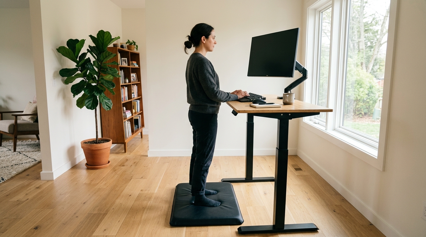 Home office workspace with a person standing on a thick black anti-fatigue mat at a raised standing desk