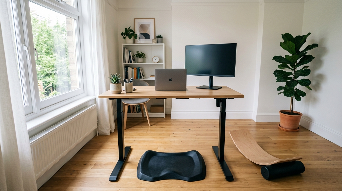 Wide view of a standing desk in a small home office with an anti-fatigue mat and a wooden balance board on the floor
