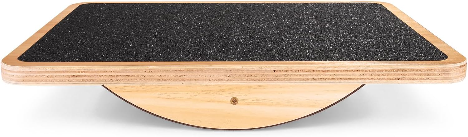 StrongTek wooden balance board with a curved rocker base and non-slip grip surface