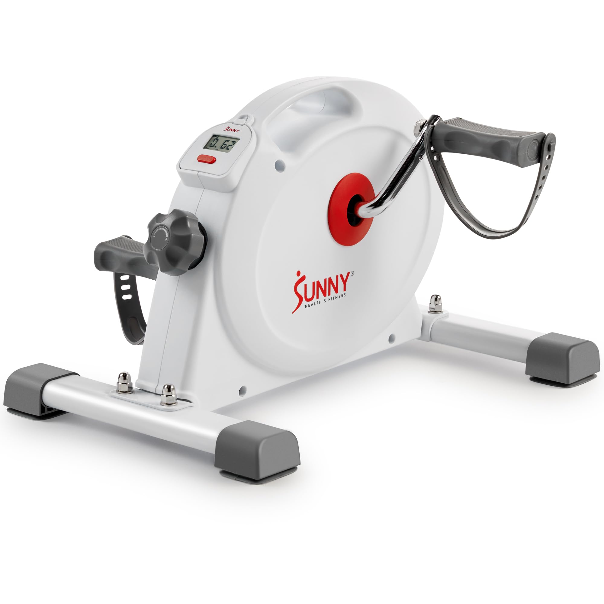 White Sunny Health and Fitness smart mini pedal exerciser with low-profile frame and digital display