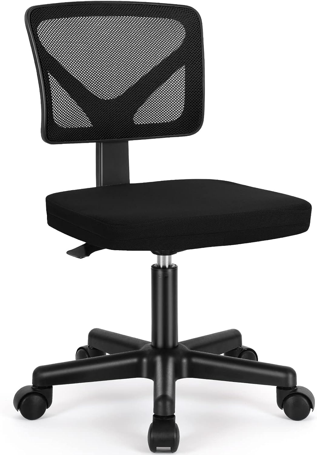 Sweetcrispy small armless mesh desk chair shown from a three-quarter front view with its five-star wheeled base